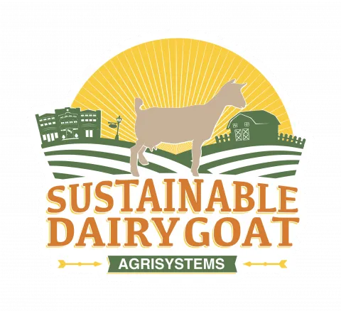 Logo for Sustainable Dairy Goat Agrisystems depicting a goat silhouette standing on a hill with a sunrise behind it